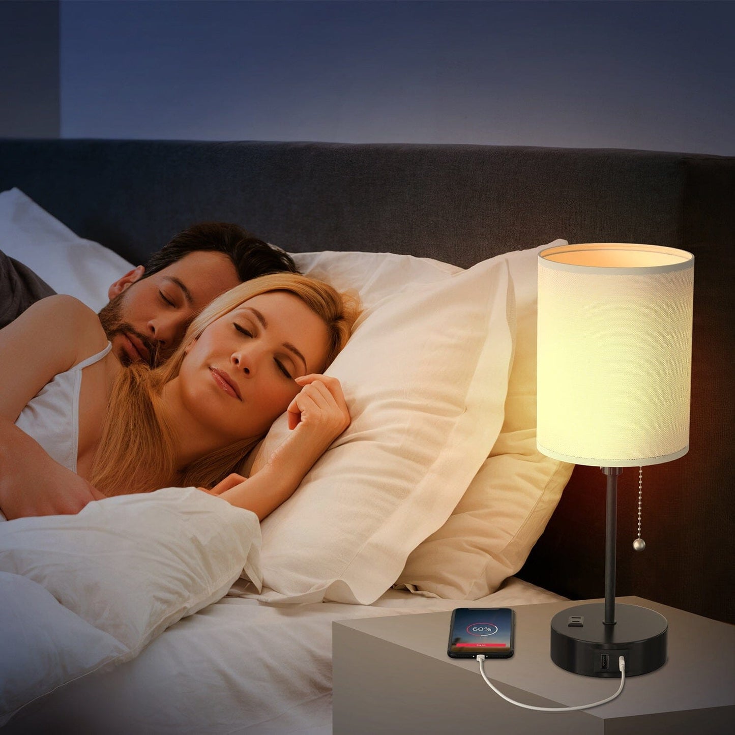Frendorf | 2-Teile: Nachttischlampen 3 Farbmodi USB C+A AC-Ausgangsports Zugkette