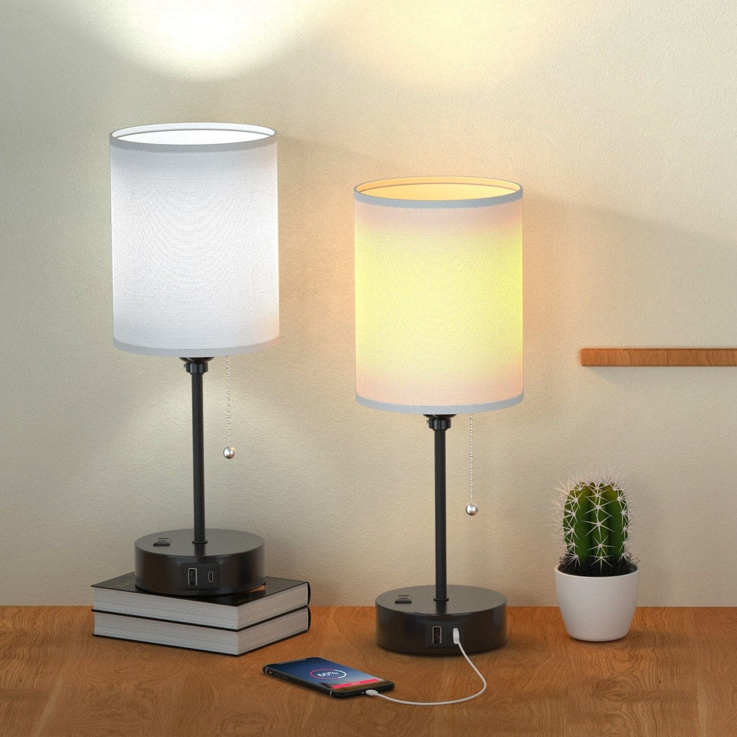 Frendorf | 2-Teile: Nachttischlampen 3 Farbmodi USB C+A AC-Ausgangsports Zugkette