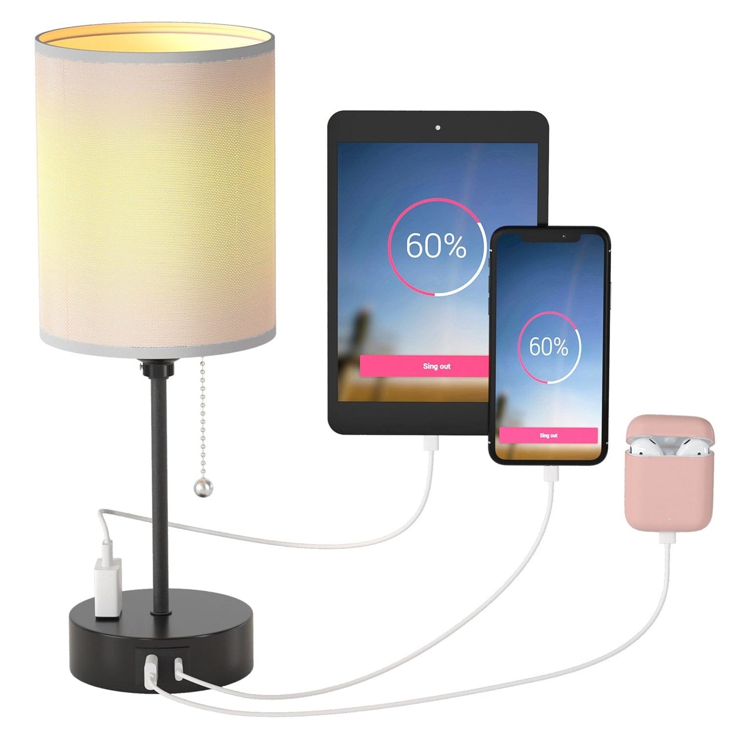 Frendorf | 2-Teile: Nachttischlampen 3 Farbmodi USB C+A AC-Ausgangsports Zugkette