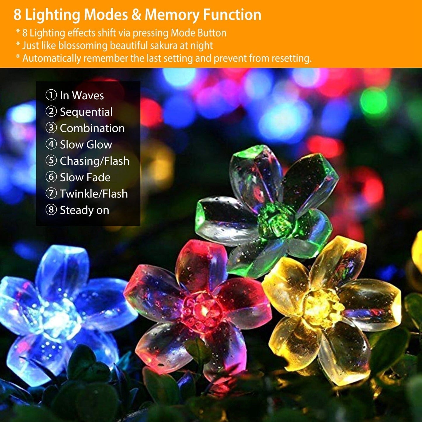 Frendorf | 2-Teilig: Solar Power Lichterkette 50 LED Perlen Feen Sakura Blume