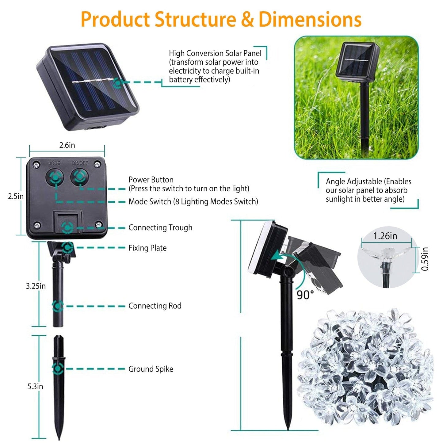 Frendorf | 2-Teilig: Solar Power Lichterkette 50 LED Perlen Feen Sakura Blume