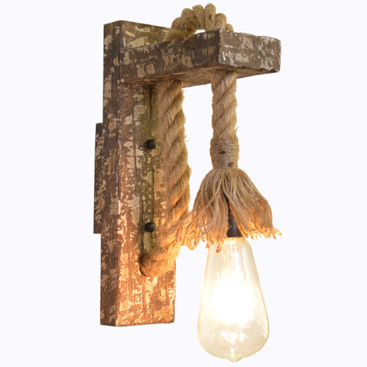 Frendorf | 1 Licht Bare Bulb Wandlamp Fixture Warehouse Beige Jute Touw Wandgemonteerde Lamp met Houten Achterplaat