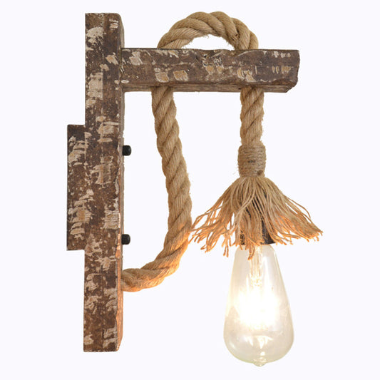 Frendorf | 1 Licht Bare Bulb Wandlamp Fixture Warehouse Beige Jute Touw Wandgemonteerde Lamp met Houten Achterplaat