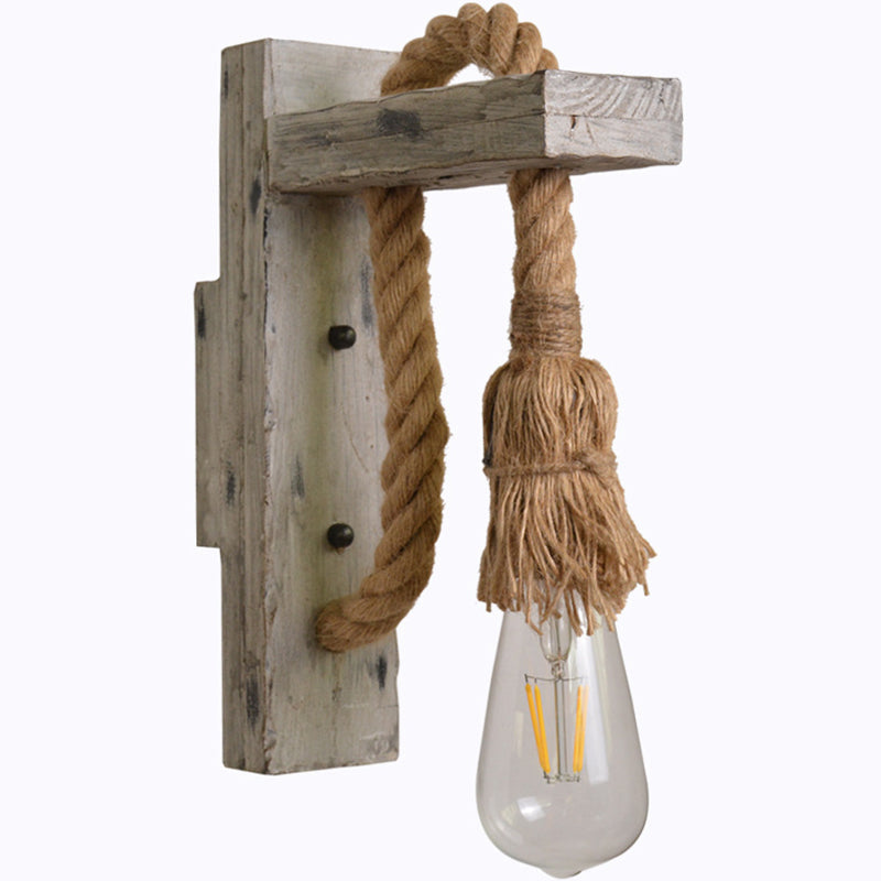 Frendorf | L-Arm Holz Wandlampe Industrie 1 Kopf Flur Wandbeleuchtung Ideen mit Seil-Kabel in Grau