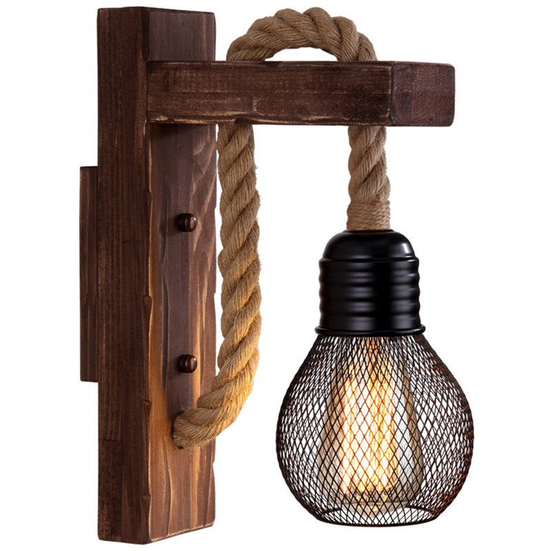 Frendorf | Braun L-förmige Wandmontagebeleuchtung Rustikales Holz 1 Licht Esszimmer Wandlicht mit Hanfseilkabel