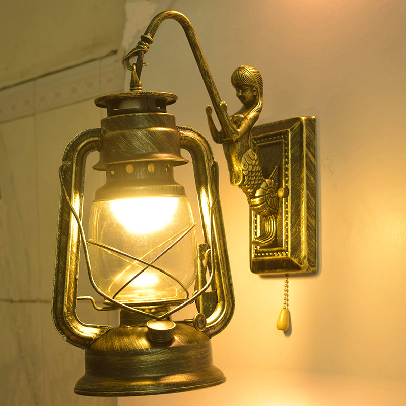 Kerosene Corridor Wandleuchte Industrie Klar Glas 1 Licht Zugkette Wandscone mit Meerjungfrau Arm