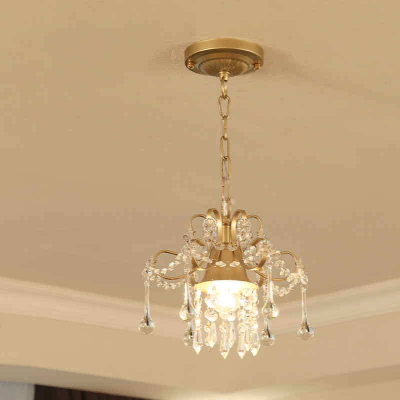 Gold Gebogene Arm Pendelleuchte Landhausstil Metall 1 Glühbirne Veranda Hängeleuchte Kit mit Kristallakzent