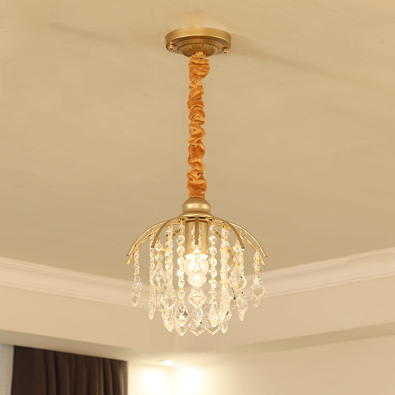 Gold Gebogene Arm Pendelleuchte Landhausstil Metall 1 Glühbirne Veranda Hängeleuchte Kit mit Kristallakzent
