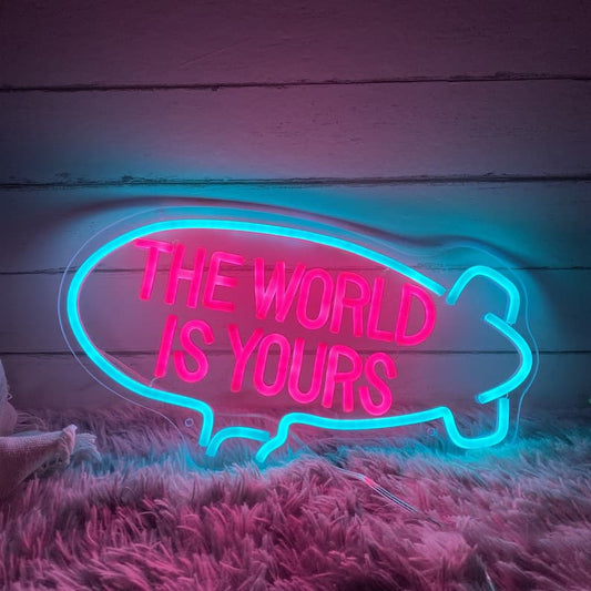"Die Welt gehört dir" Neon-Schild in strahlendem Blau – Inspirierendes Licht für motivierende Home Offices, Lernbereiche und moderne Dekoration
