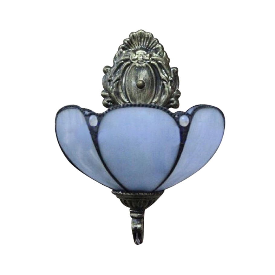 Frendorf | Blau/Beige Blumen Shade Wandleuchte Licht Buntglas 1 Kopf Wandmontage Licht in Antik Messing