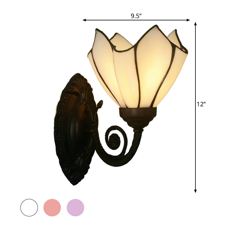 Frendorf | Handgeschnittene Glasblumen-Wandbeleuchtung Mediterran 1 Glühbirne Schwarze Wandmontierte Lampe mit Gebogenem Arm