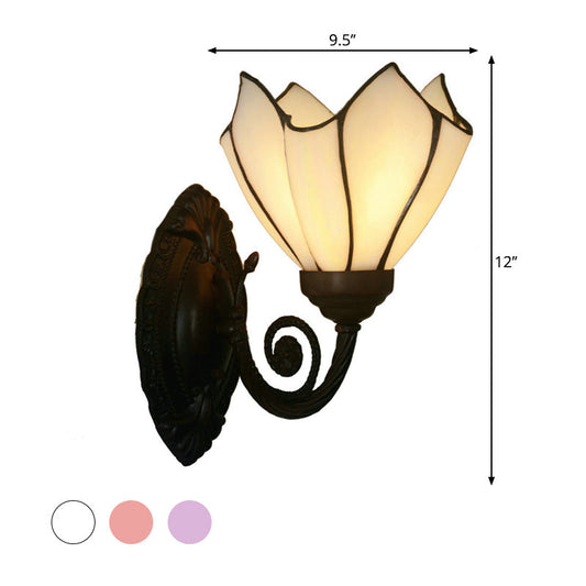 Frendorf | Handgeschnittene Glasblumen-Wandbeleuchtung Mediterran 1 Glühbirne Schwarze Wandmontierte Lampe mit Gebogenem Arm