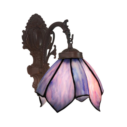 Frendorf | Handgeschnittene Glasblumen-Wandbeleuchtung Mediterran 1 Glühbirne Schwarze Wandmontierte Lampe mit Gebogenem Arm