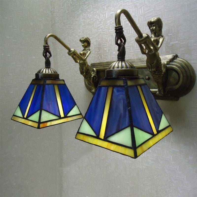 Frendorf | Trapezium Wandmontage Lamp Fixture Tiffany Brons Snijglas Wandverlichting met Zeemeerminarm