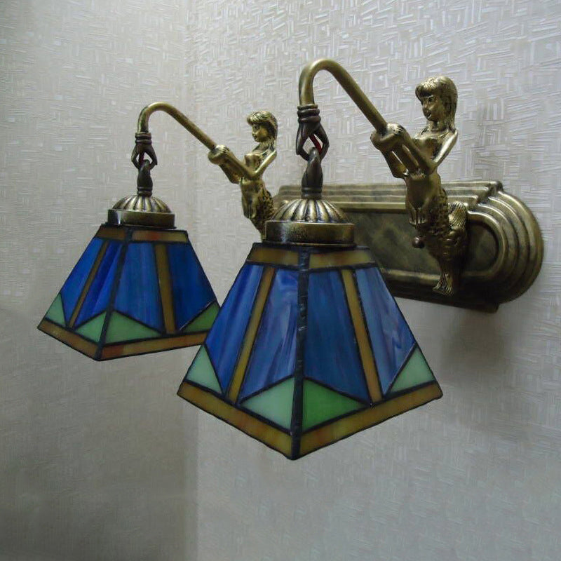 Frendorf | Trapezium Wandmontage Lamp Fixture Tiffany Brons Snijglas Wandverlichting met Zeemeerminarm