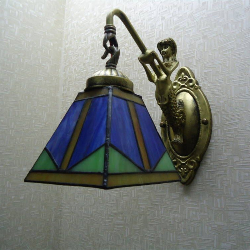 Frendorf | Trapezium Wandmontage Lamp Fixture Tiffany Brons Snijglas Wandverlichting met Zeemeerminarm