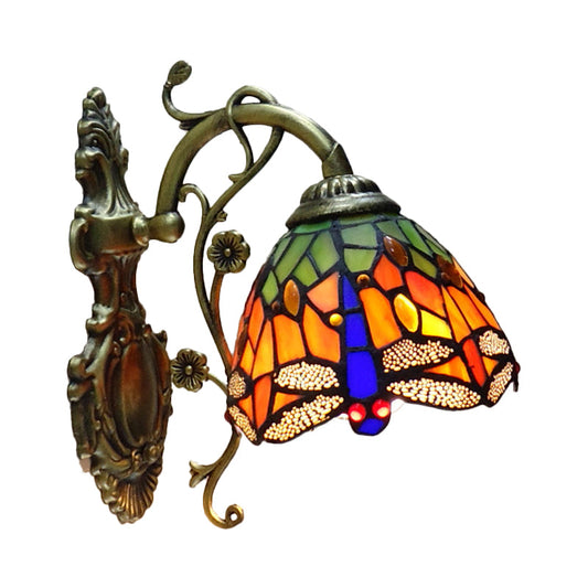 Handgeschnittene Glaslibelle Wandlampe Tiffany-Stil 1 Licht Wandmontage Lichtarmatur mit geschnitztem Rückplatte