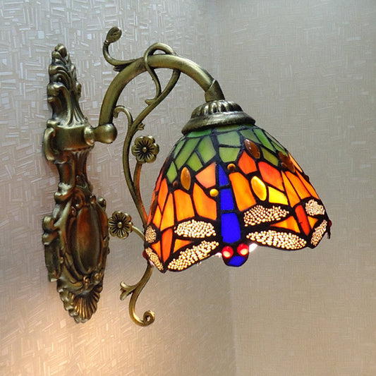 Handgeschnittene Glaslibelle Wandlampe Tiffany-Stil 1 Licht Wandmontage Lichtarmatur mit geschnitztem Rückplatte
