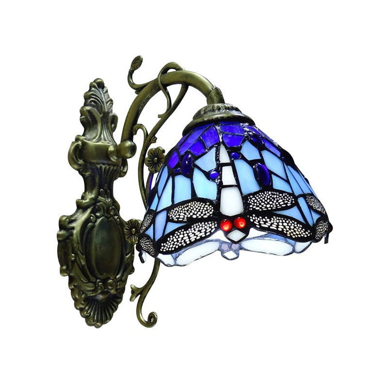 Handgeschnittene Glaslibelle Wandlampe Tiffany-Stil 1 Licht Wandmontage Lichtarmatur mit geschnitztem Rückplatte