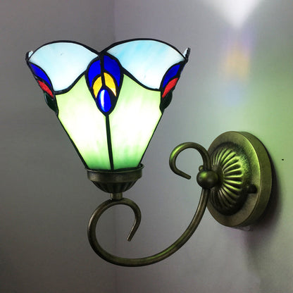 Metall Messing Wandlampe Gewunden Arm 1-Licht Tiffany Wandhängelampe mit geometrisch geschnittenem Glasschirm