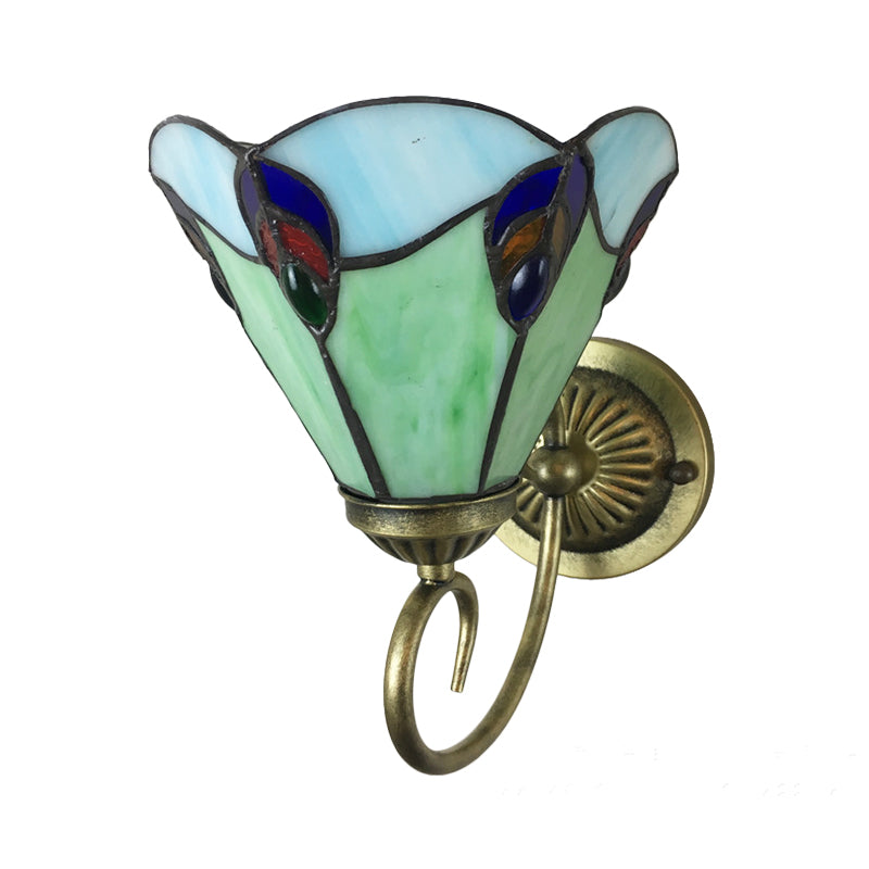 Metall Messing Wandlampe Gewunden Arm 1-Licht Tiffany Wandhängelampe mit geometrisch geschnittenem Glasschirm