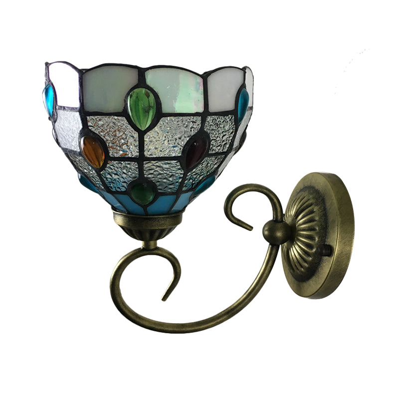 Metall Messing Wandlampe Gewunden Arm 1-Licht Tiffany Wandhängelampe mit geometrisch geschnittenem Glasschirm