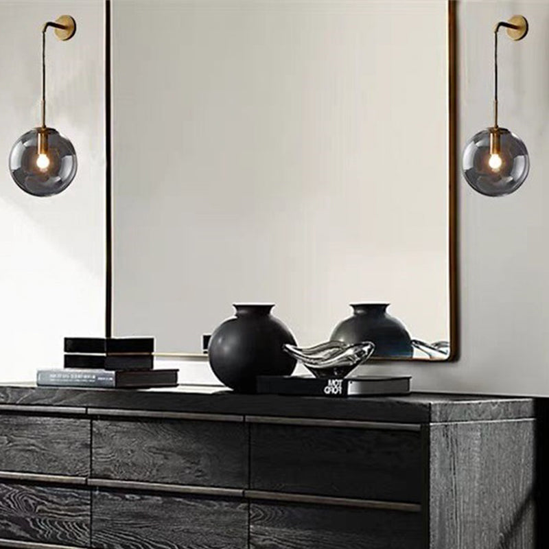 Frendorf | 1 Light Bedside Wall Lamp Simple Golden Wall Lighting Ideas with Global Glass Shade