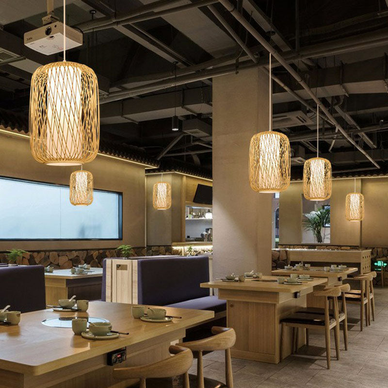 Käfiglaterne Pendelleuchte Asien Bambus 1-Leuchte Bistro Hängeleuchte aus Holz