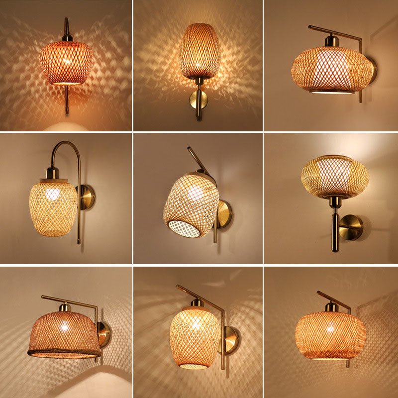 Frendorf | Bamboo Criss-Cross Woven Wall Lantern Chinesischer Stil 1 Glühbirne Holz Wandmontierte Lichtquelle