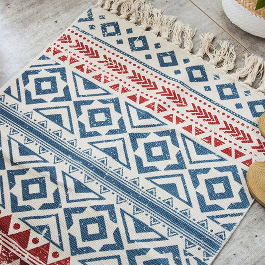 Frendorf | Boho Chic Schlafzimmer Teppich Multi-Farben Geometrisches Muster Teppich Baumwolle Maschinenwaschbar Teppich mit Fransen