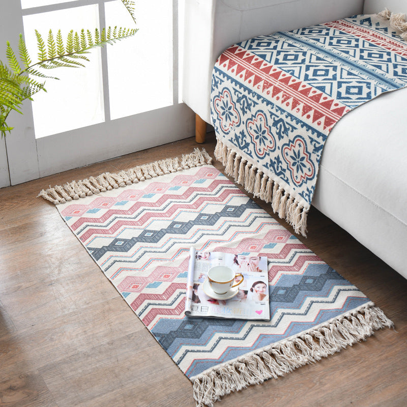 Frendorf | Boho Chic Schlafzimmer Teppich Multi-Farben Geometrisches Muster Teppich Baumwolle Maschinenwaschbar Teppich mit Fransen