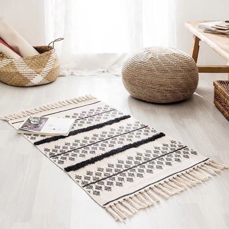 Bohemian Rhombus Indoor Teppich Mehrfarbiger Baumwollteppich Haustierfreundlicher Bereichsteppich für Zuhause