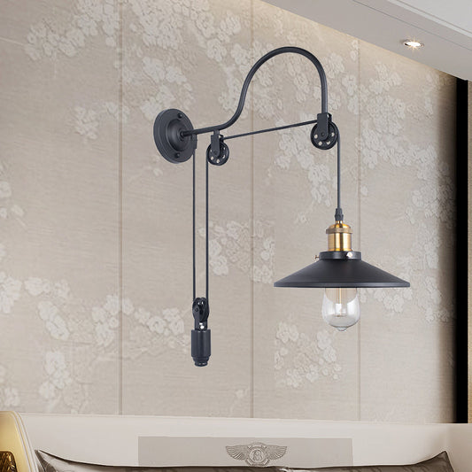 Frendorf | Breite Flare Metall Wandleuchte Industrie Einzelne Glühbirne Esszimmer Wandmontierte Lampe in Schwarz mit Pulley