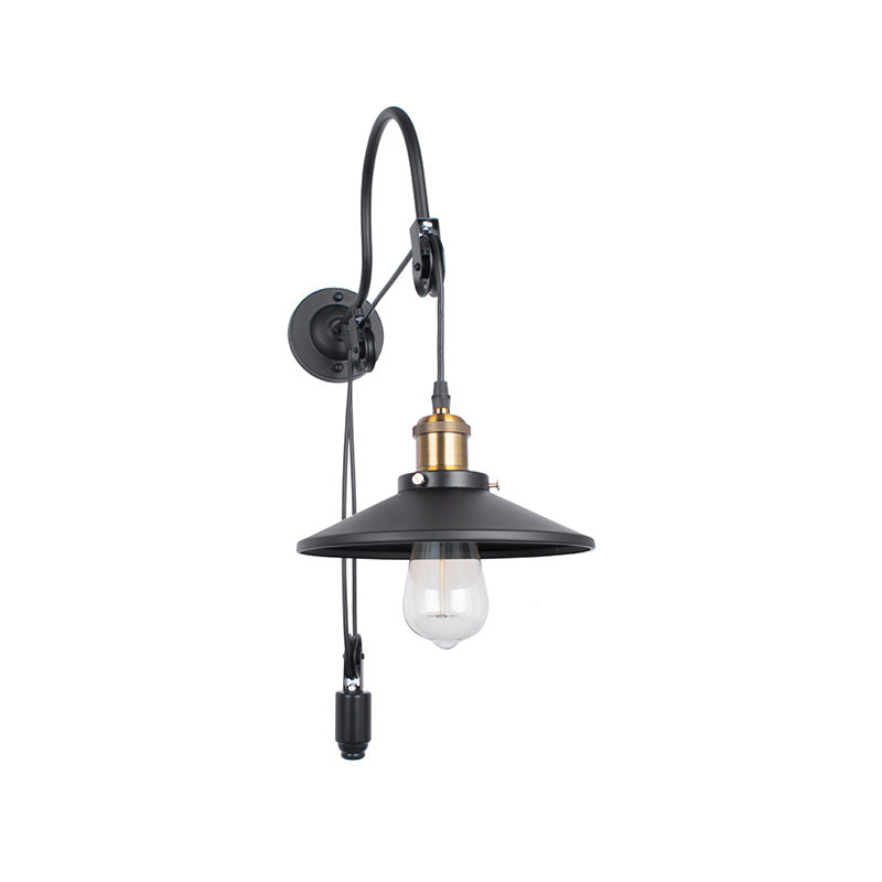 Frendorf | Breite Flare Metall Wandleuchte Industrie Einzelne Glühbirne Esszimmer Wandmontierte Lampe in Schwarz mit Pulley