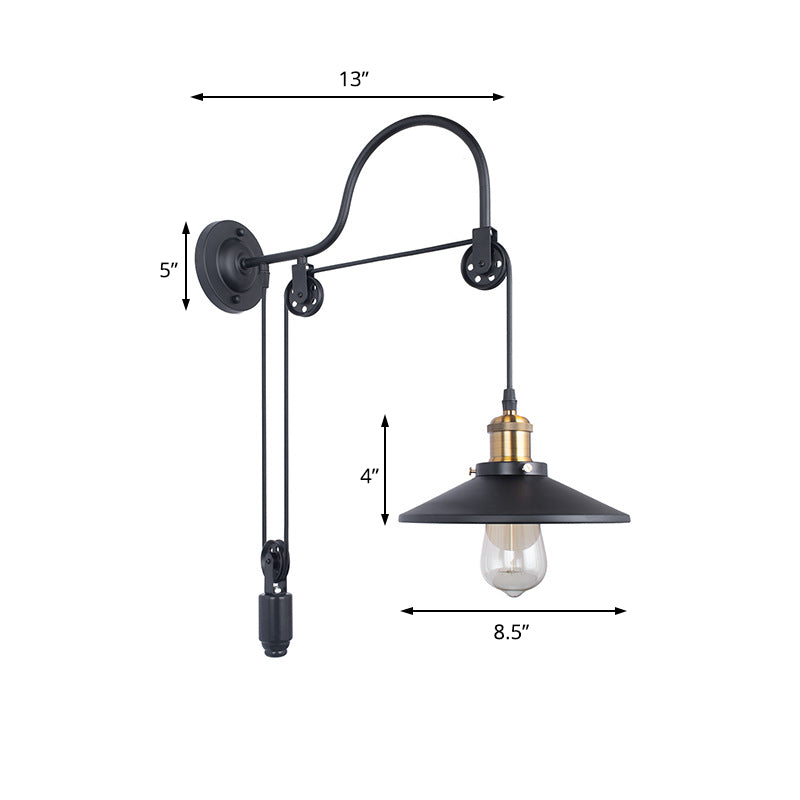 Frendorf | Breite Flare Metall Wandleuchte Industrie Einzelne Glühbirne Esszimmer Wandmontierte Lampe in Schwarz mit Pulley