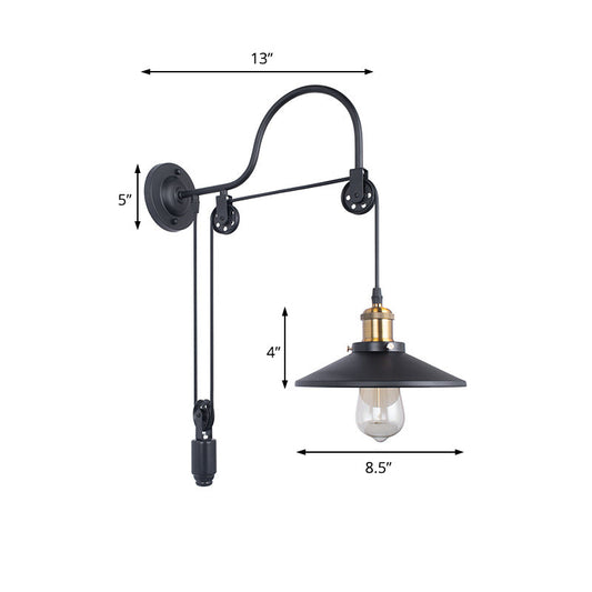 Frendorf | Breite Flare Metall Wandleuchte Industrie Einzelne Glühbirne Esszimmer Wandmontierte Lampe in Schwarz mit Pulley