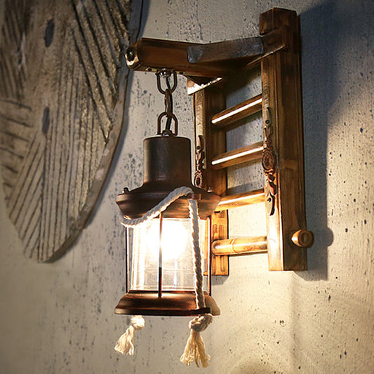Frendorf | 1 Licht Kerosine Wandlamp Vintage Brons Duidelijk Glas Wandarmatuur voor Binnen met Bamboe Achterplaat