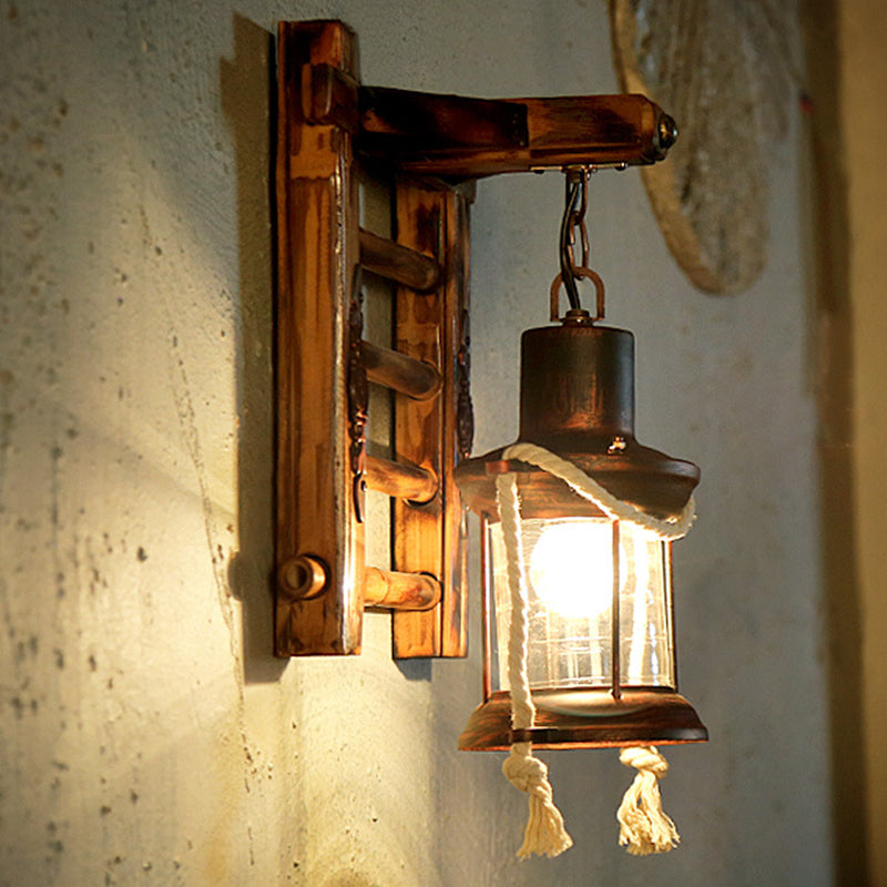Frendorf | 1 Licht Kerosine Wandlamp Vintage Brons Duidelijk Glas Wandarmatuur voor Binnen met Bamboe Achterplaat