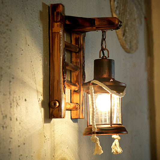 Frendorf | 1 Licht Kerosine Wandlamp Vintage Brons Duidelijk Glas Wandarmatuur voor Binnen met Bamboe Achterplaat