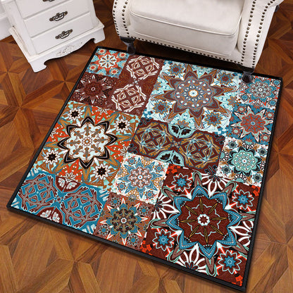 Multifarbiger Mandala Teppich Polypropylen Türkischer Teppich Rutschfeste Rückseite Fleckenresistent Maschinenwaschbarer Teppich für Schlafzimmer