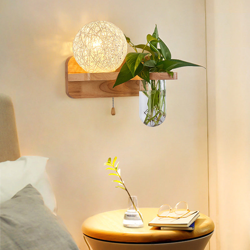 Frendorf | Kogelvormige Nachttafellamp Rattan 1-Lichts Moderne Wandlamp met Trekschakelaar in Hout