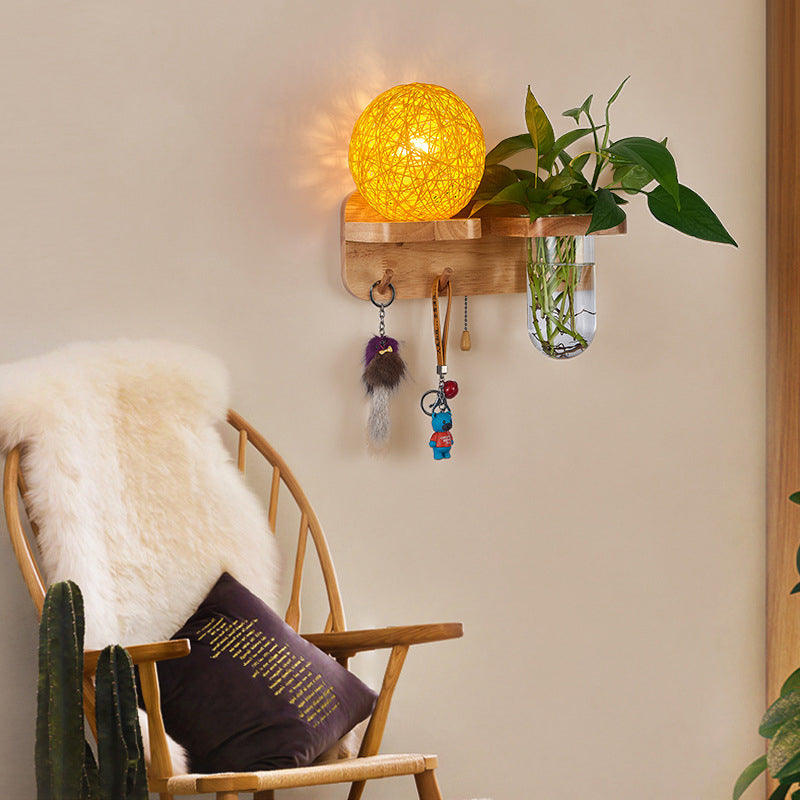 Frendorf | Kogelvormige Nachttafellamp Rattan 1-Lichts Moderne Wandlamp met Trekschakelaar in Hout
