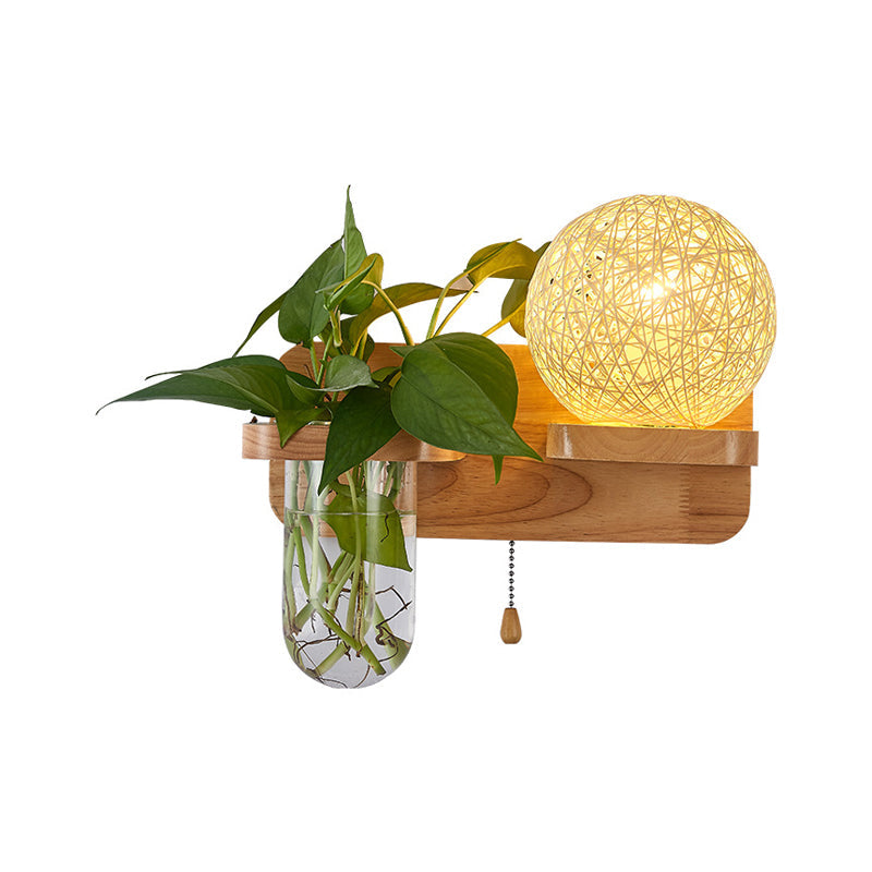 Frendorf | Kogelvormige Nachttafellamp Rattan 1-Lichts Moderne Wandlamp met Trekschakelaar in Hout