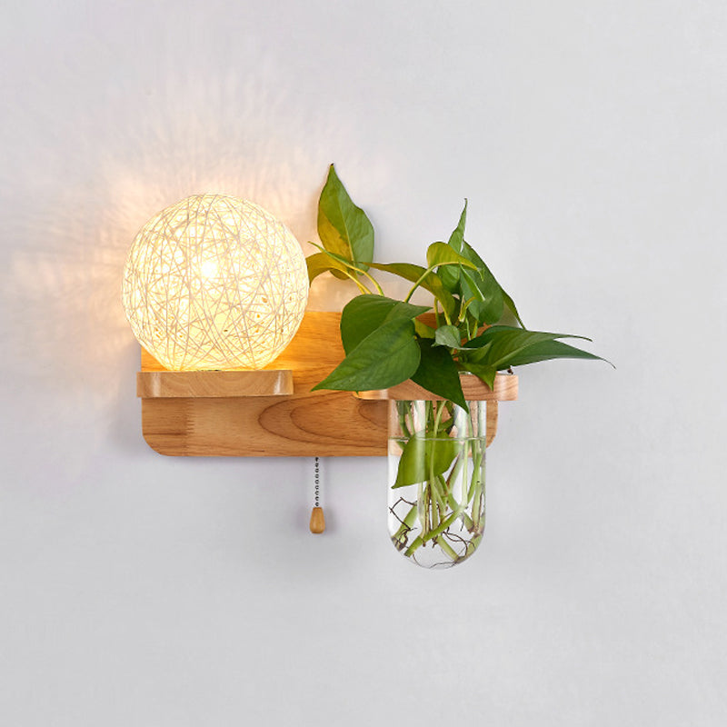 Frendorf | Kogelvormige Nachttafellamp Rattan 1-Lichts Moderne Wandlamp met Trekschakelaar in Hout