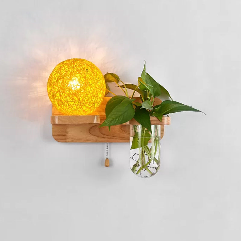 Frendorf | Kogelvormige Nachttafellamp Rattan 1-Lichts Moderne Wandlamp met Trekschakelaar in Hout