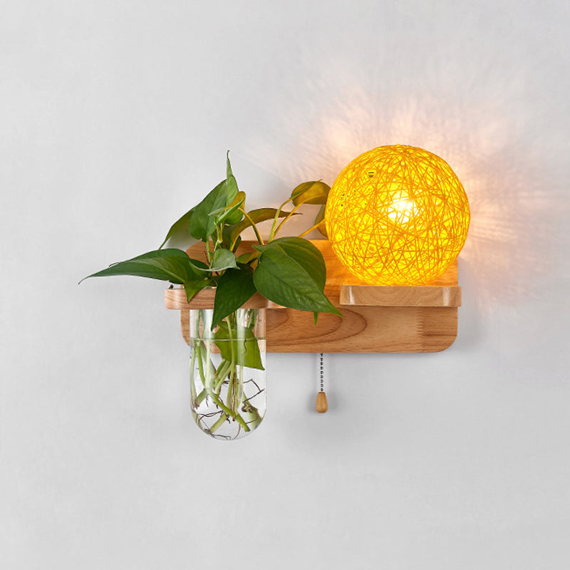 Frendorf | Kogelvormige Nachttafellamp Rattan 1-Lichts Moderne Wandlamp met Trekschakelaar in Hout