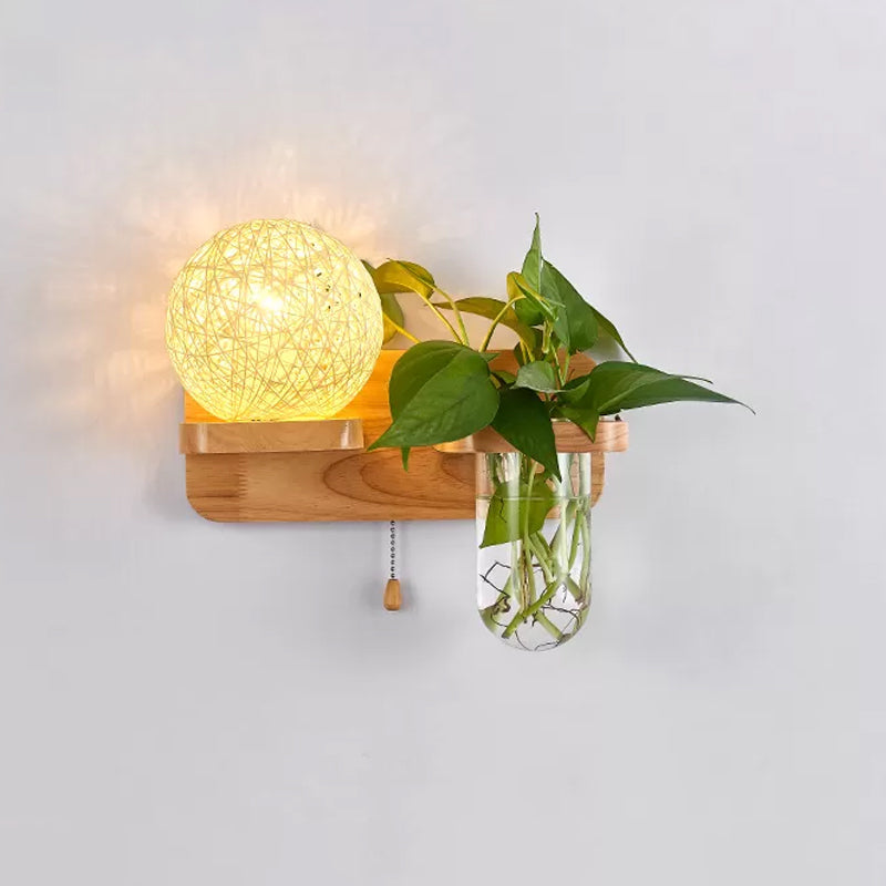 Frendorf | Kogelvormige Nachttafellamp Rattan 1-Lichts Moderne Wandlamp met Trekschakelaar in Hout