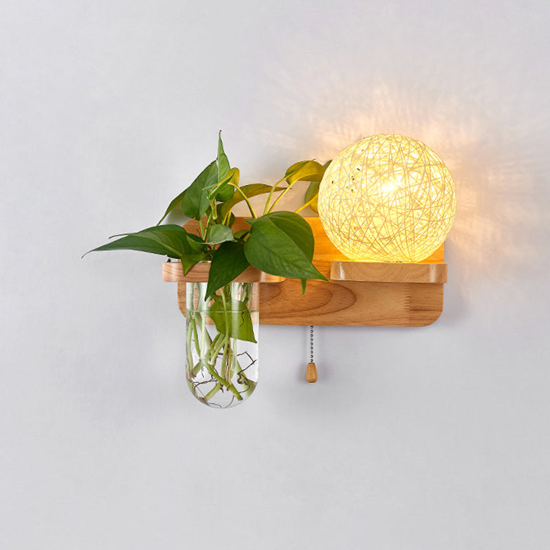 Frendorf | Kogelvormige Nachttafellamp Rattan 1-Lichts Moderne Wandlamp met Trekschakelaar in Hout
