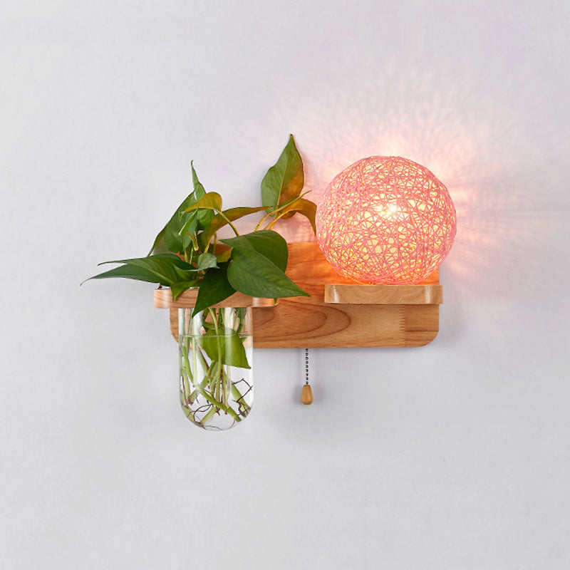 Frendorf | Kogelvormige Nachttafellamp Rattan 1-Lichts Moderne Wandlamp met Trekschakelaar in Hout