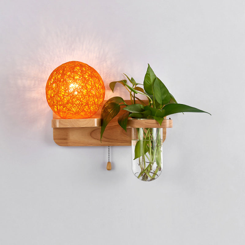Frendorf | Kogelvormige Nachttafellamp Rattan 1-Lichts Moderne Wandlamp met Trekschakelaar in Hout